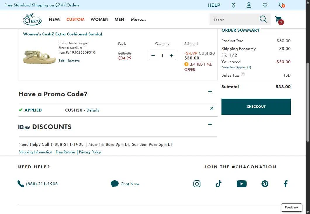Chaco checkout page showing Chaco promo code box | Screenshot taken by SimplyCodes community member on Dec 20, 2025