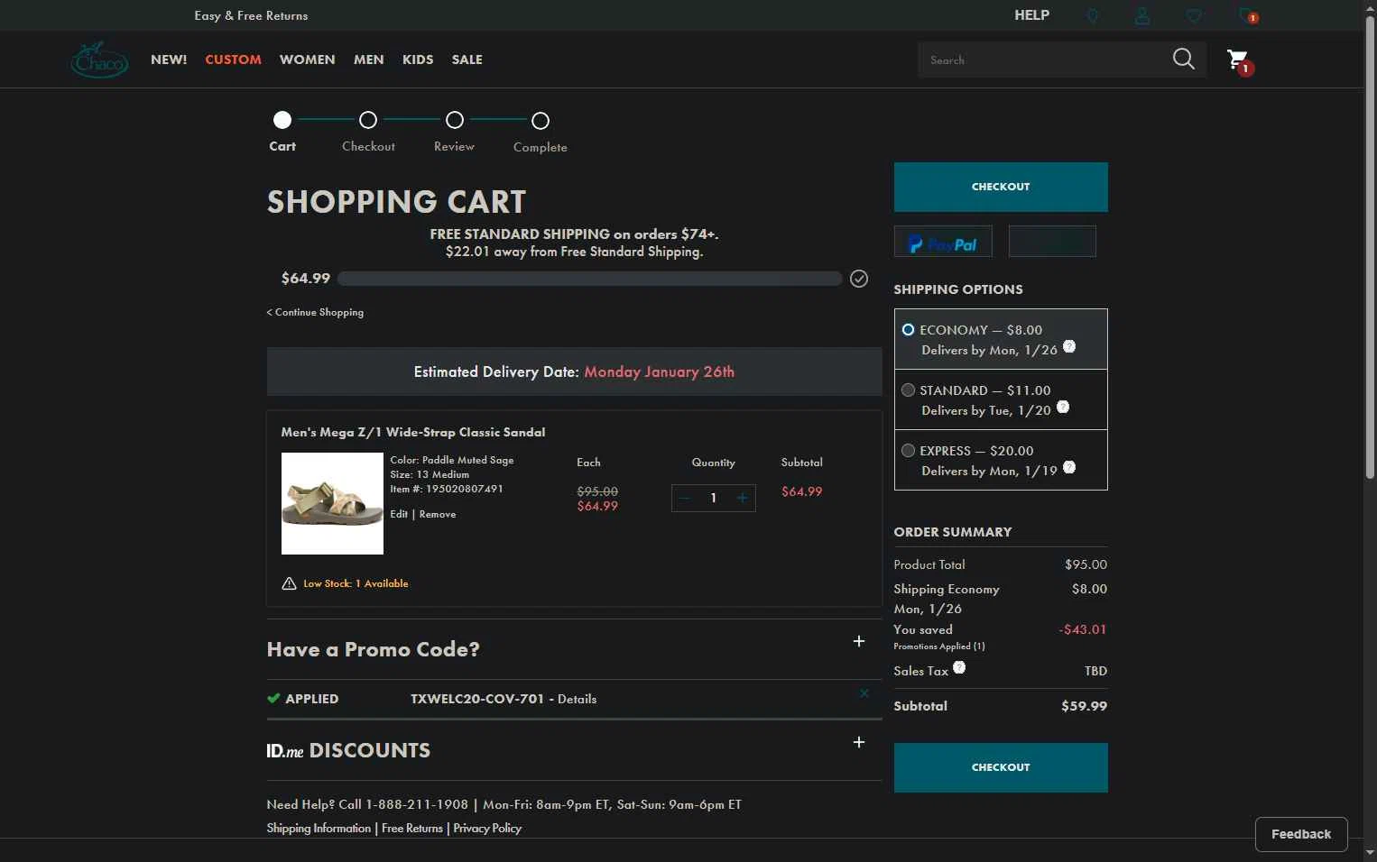 Chaco checkout page showing Chaco promo code box | Screenshot taken by SimplyCodes community member on Jan 14, 2026