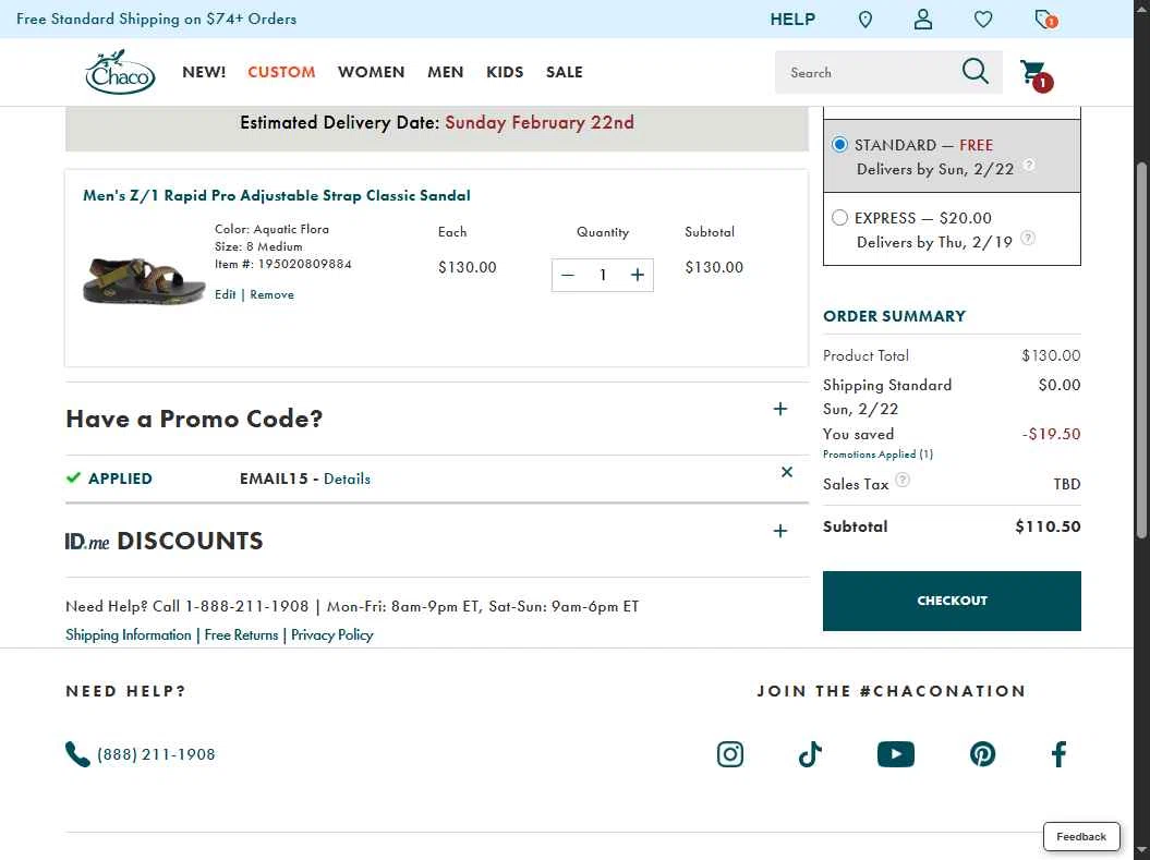 Chaco checkout page showing Chaco promo code box | Screenshot taken by SimplyCodes community member on Feb 16, 2026