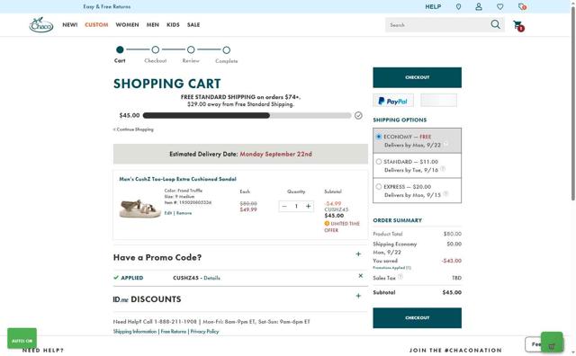 Chaco checkout page showing Chaco promo code box | Screenshot taken by SimplyCodes community member on Sep 10, 2025