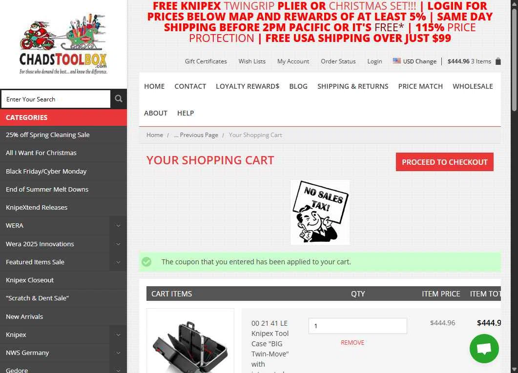 ChadsToolbox.com checkout page showing ChadsToolbox.com coupon code box | Screenshot taken by SimplyCodes community member on Nov 16, 2025