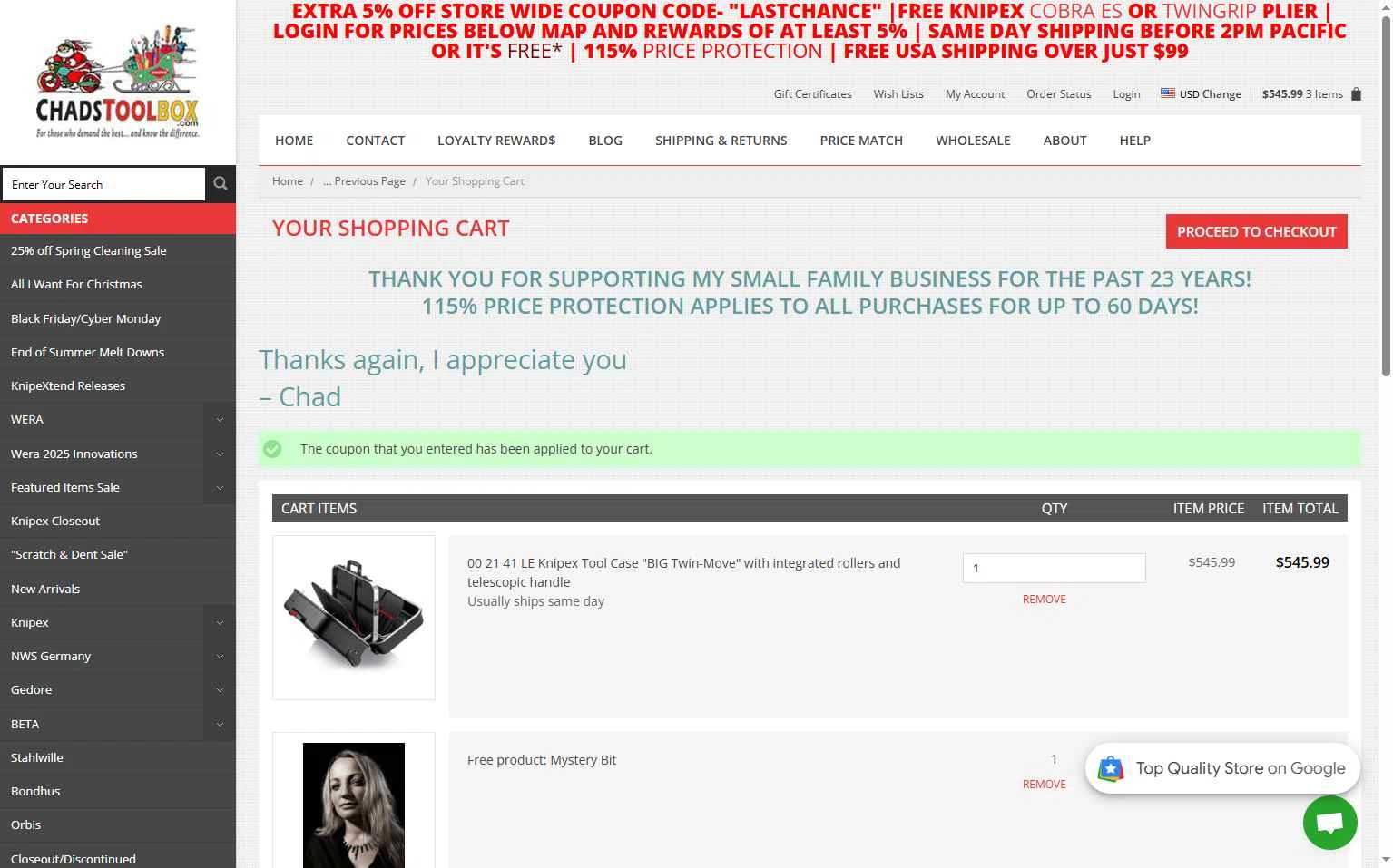 ChadsToolbox.com checkout page showing ChadsToolbox.com coupon code box | Screenshot taken by SimplyCodes community member on Dec 15, 2025