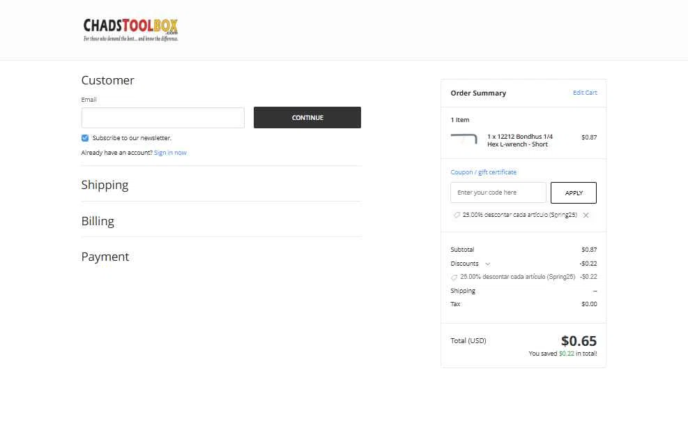 ChadsToolbox.com checkout page showing ChadsToolbox.com coupon code box | Screenshot taken by SimplyCodes community member on Feb 6, 2026