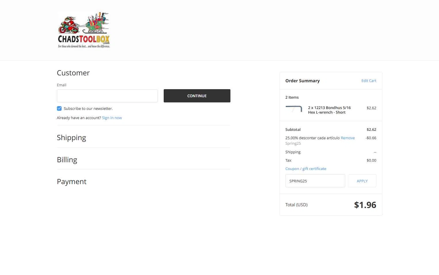 ChadsToolbox.com checkout page showing ChadsToolbox.com coupon code box | Screenshot taken by SimplyCodes community member on Dec 13, 2025