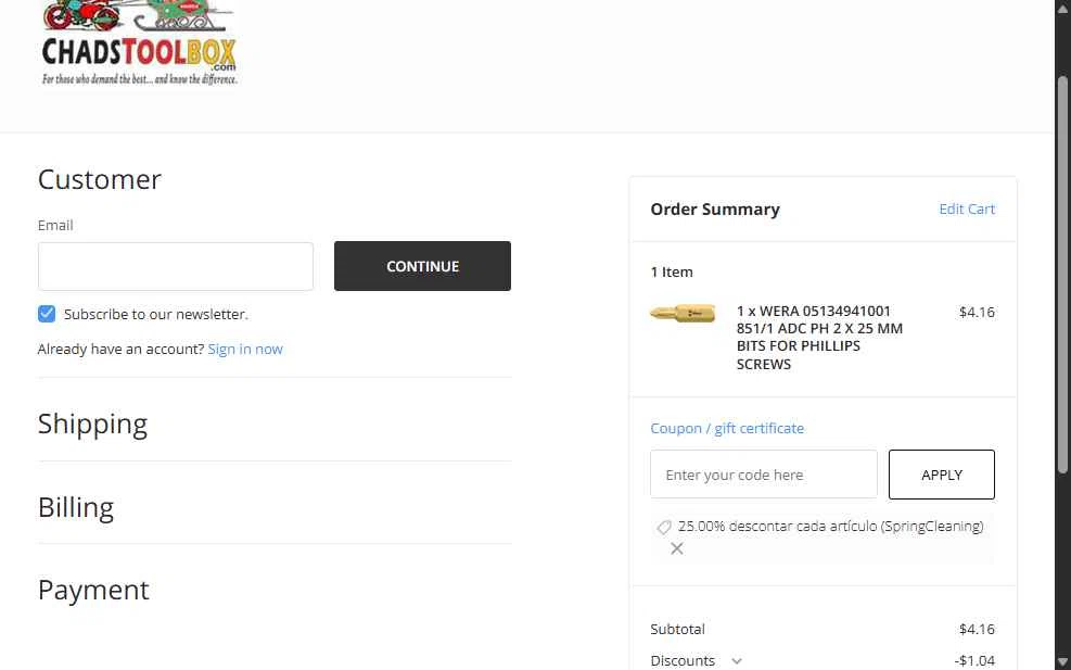ChadsToolbox.com checkout page showing ChadsToolbox.com coupon code box | Screenshot taken by SimplyCodes community member on Jan 8, 2026