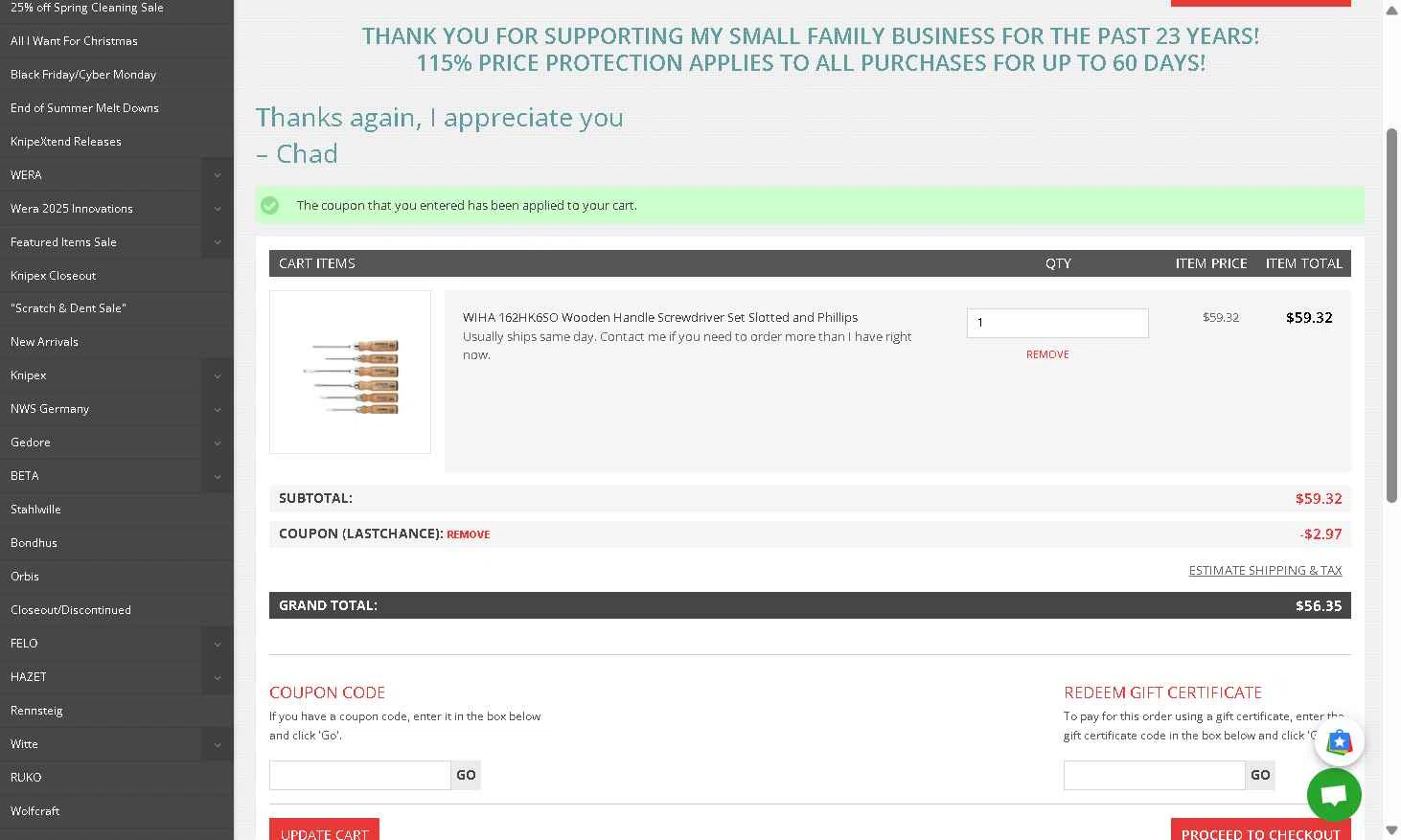 ChadsToolbox.com checkout page showing ChadsToolbox.com coupon code box | Screenshot taken by SimplyCodes community member on Dec 19, 2025