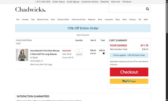 Chadwicks checkout page showing Chadwicks coupon code box | Screenshot taken by SimplyCodes community member on May 12, 2025