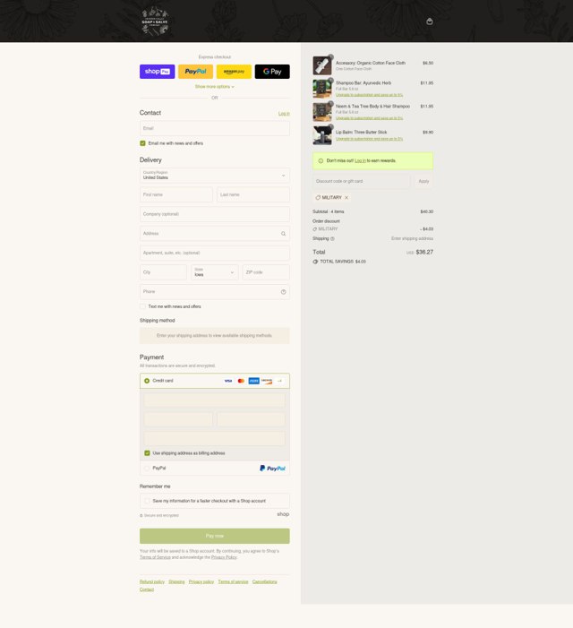 Chagrin Valley Soap and Salve checkout page showing Chagrin Valley Soap and Salve promo code box | Screenshot taken by SimplyCodes community member on Aug 7, 2025