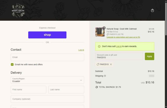 Chagrin Valley Soap and Salve checkout page showing Chagrin Valley Soap and Salve promo code box | Screenshot taken by SimplyCodes community member on Aug 13, 2025