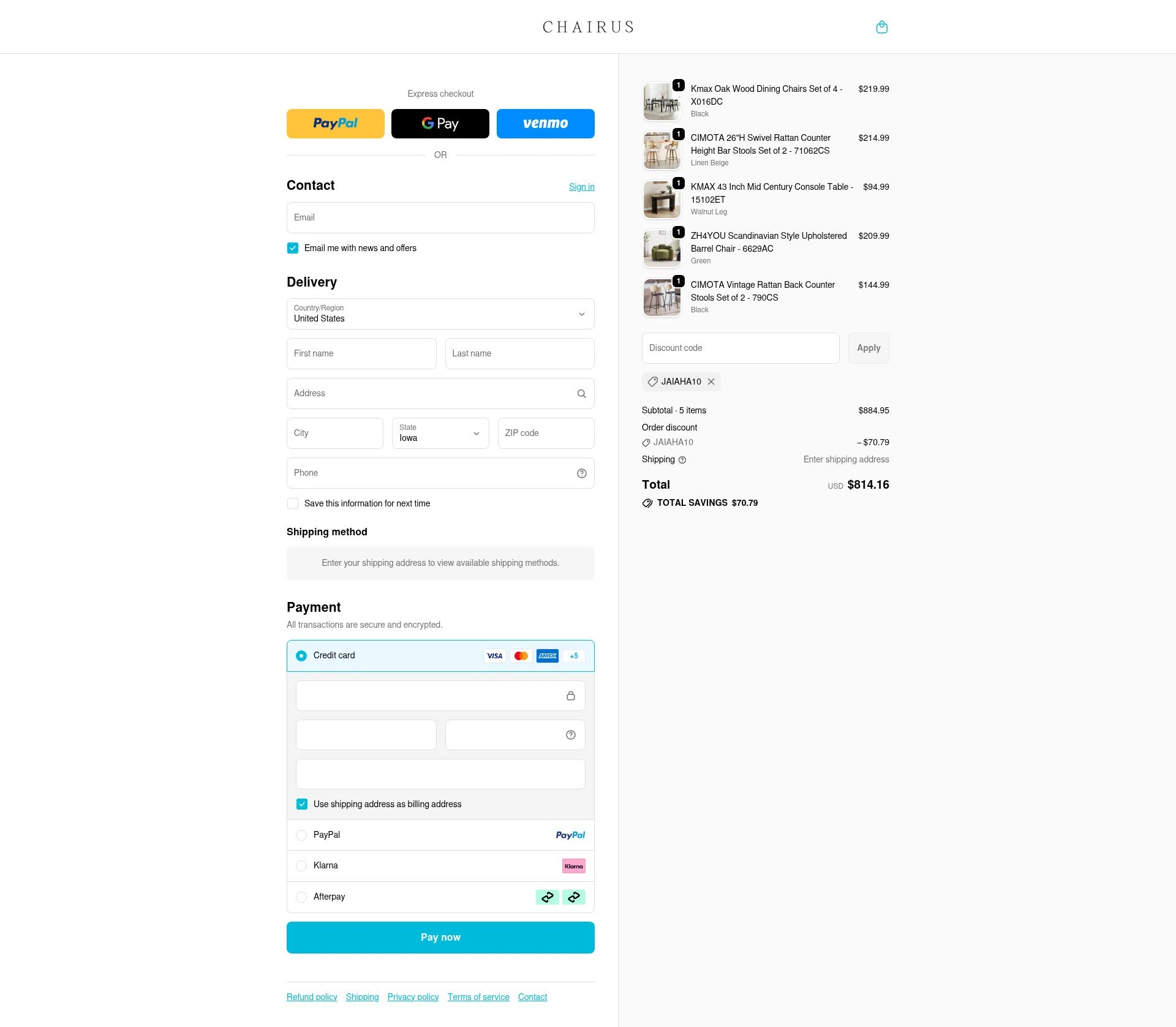 chairus checkout page showing chairus promo code box | Screenshot taken by SimplyCodes community member on Jan 11, 2026