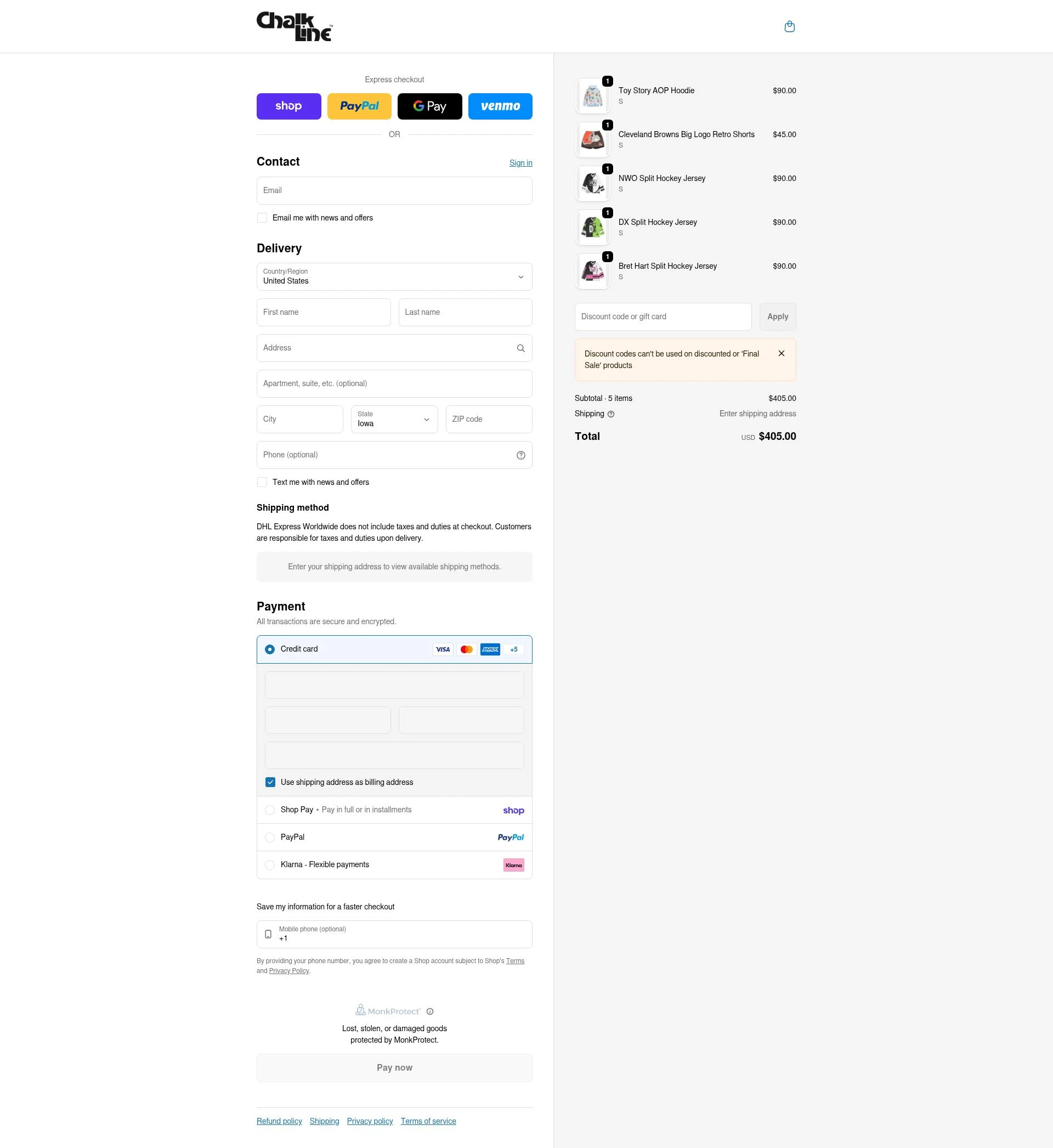 Chalk Line checkout page showing Chalk Line discount code box | Screenshot taken by SimplyCodes community member on Feb 9, 2026