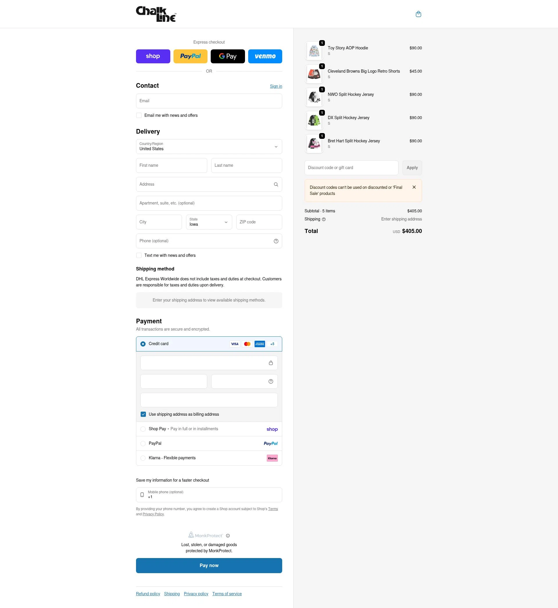 Chalk Line checkout page showing Chalk Line discount code box | Screenshot taken by SimplyCodes community member on Feb 9, 2026