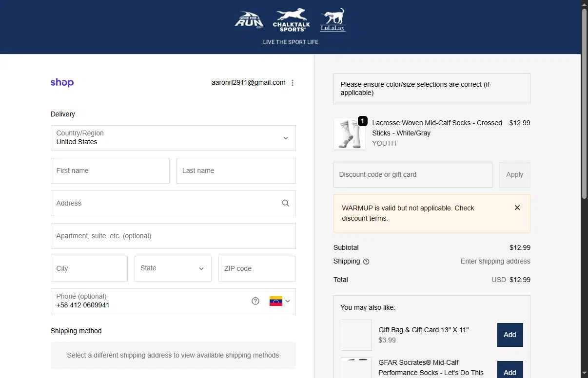 ChalkTalkSports checkout page showing ChalkTalkSports coupon code box | Screenshot taken by SimplyCodes community member on Jan 27, 2026