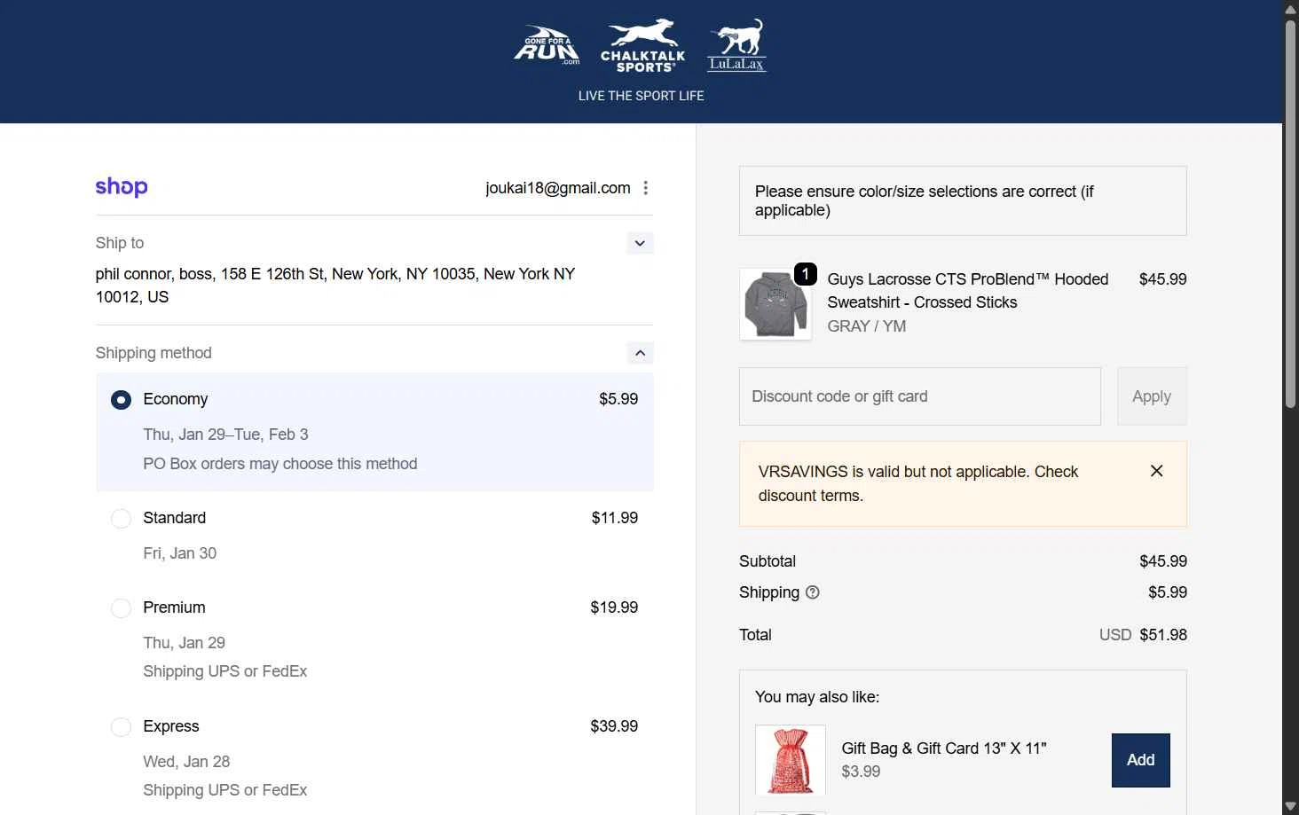 ChalkTalkSports checkout page showing ChalkTalkSports coupon code box | Screenshot taken by SimplyCodes community member on Jan 24, 2026