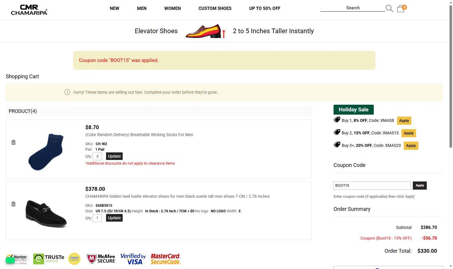 Chamaripa Shoes checkout page showing Chamaripa Shoes promo code box | Screenshot taken by SimplyCodes community member on Dec 28, 2025