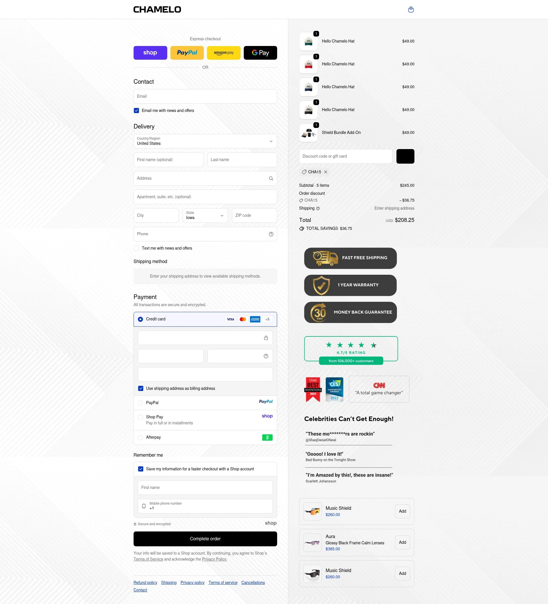 Chamelo checkout page showing Chamelo discount code box | Screenshot taken by SimplyCodes community member on Oct 15, 2025