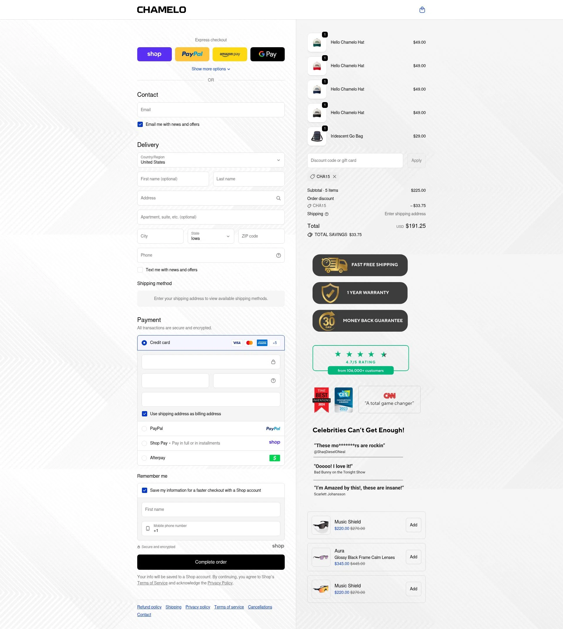 Chamelo checkout page showing Chamelo discount code box | Screenshot taken by SimplyCodes community member on Nov 25, 2025