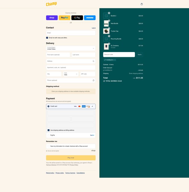 Champ checkout page showing Champ coupon code box | Screenshot taken by SimplyCodes community member on Sep 2, 2025