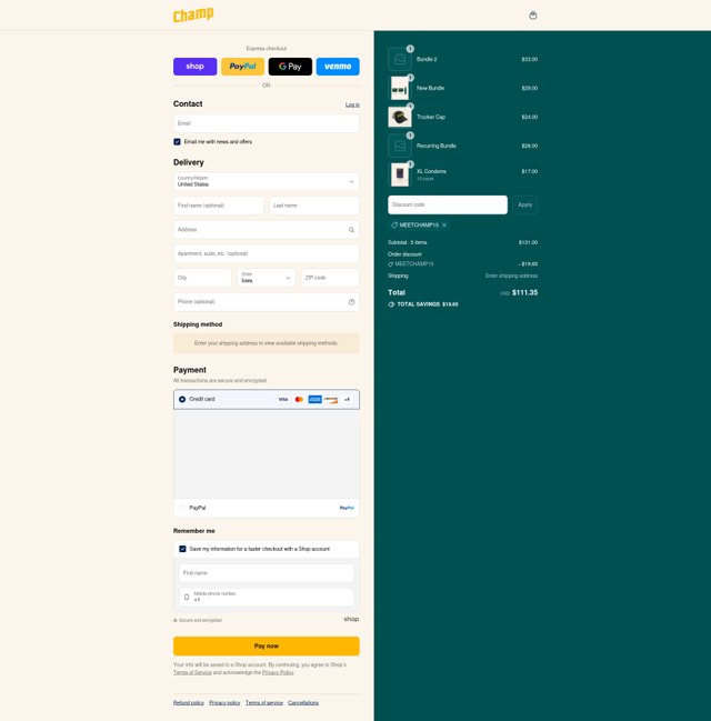 Champ checkout page showing Champ coupon code box | Screenshot taken by SimplyCodes community member on Aug 29, 2025