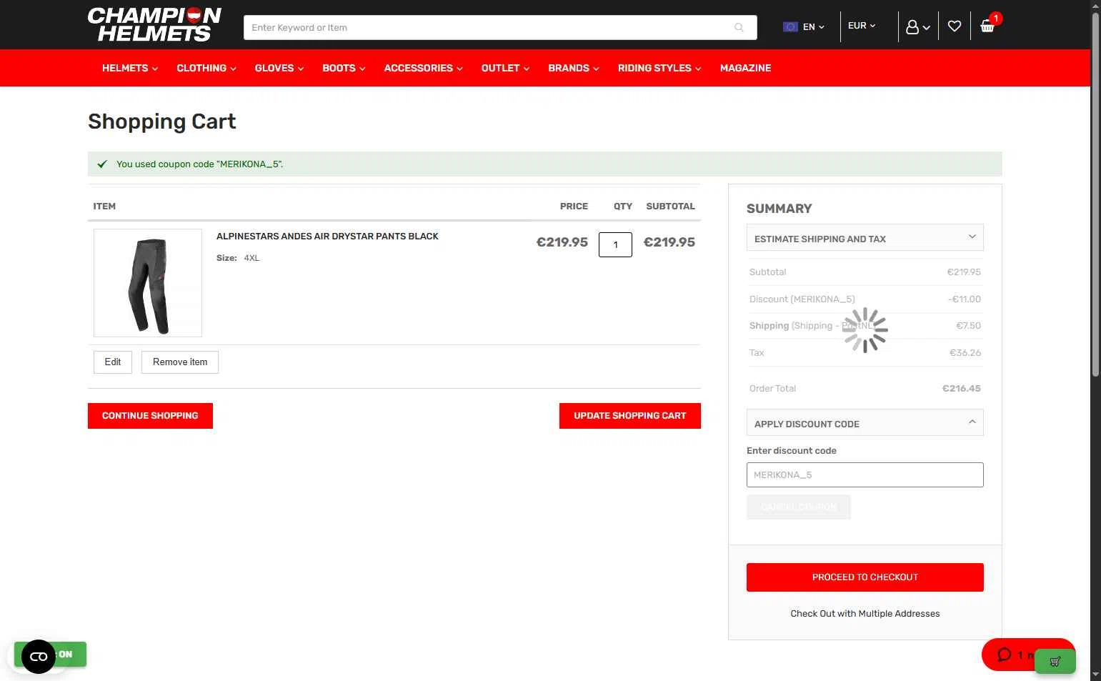 Champion Helmets checkout page showing Champion Helmets discount code box | Screenshot taken by SimplyCodes community member on Oct 15, 2025