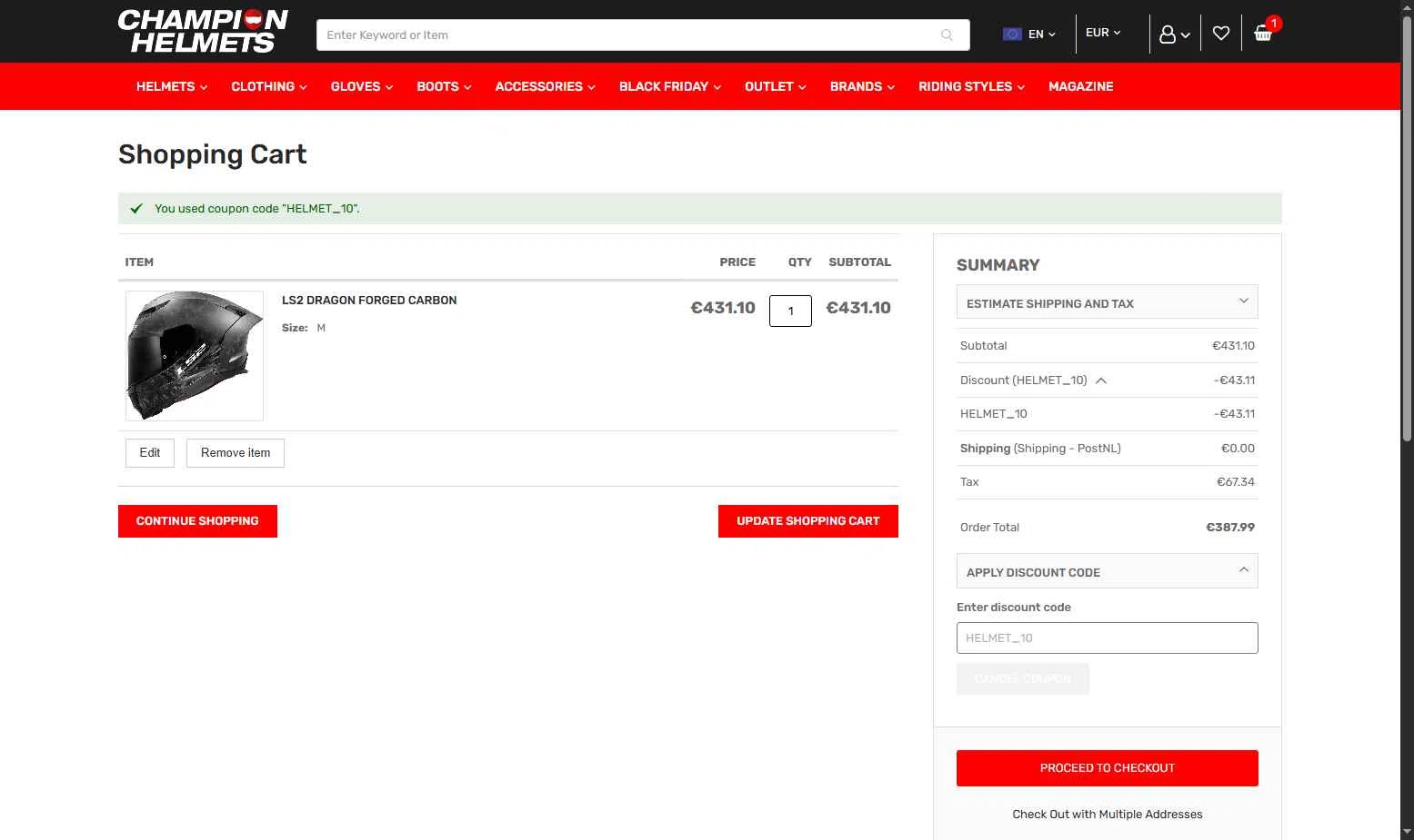 Champion Helmets checkout page showing Champion Helmets discount code box | Screenshot taken by SimplyCodes community member on Dec 15, 2025