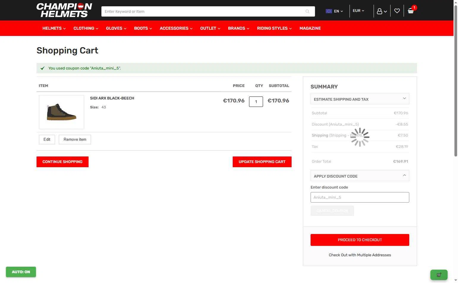 Champion Helmets checkout page showing Champion Helmets discount code box | Screenshot taken by SimplyCodes community member on Oct 15, 2025