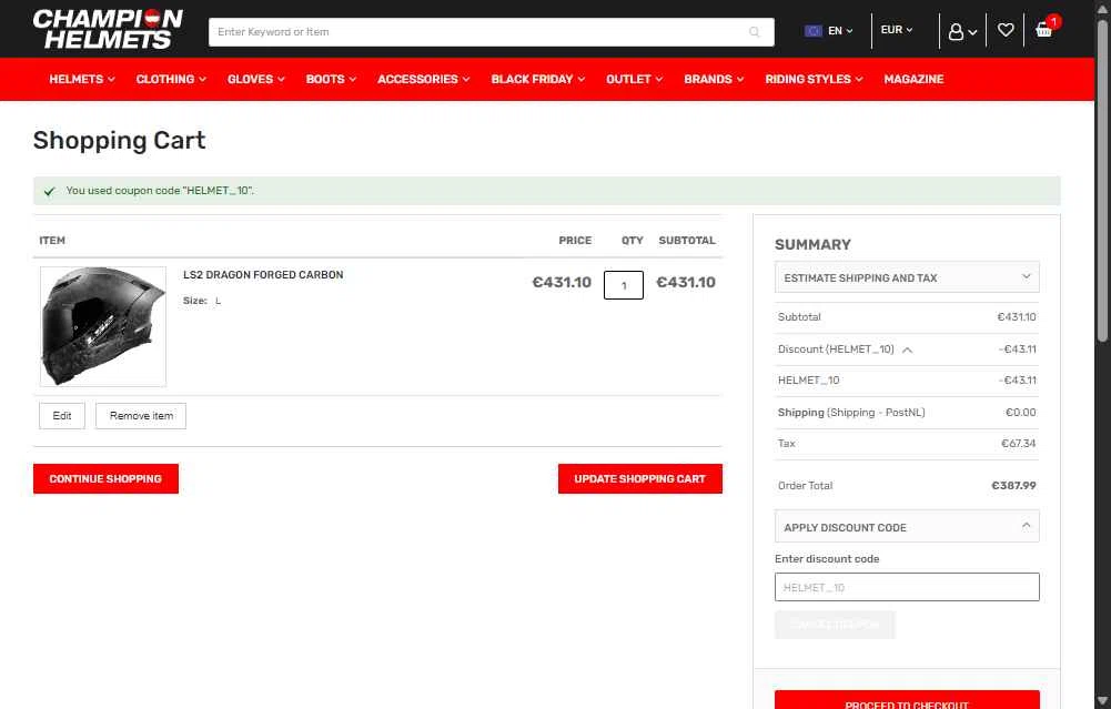 Champion Helmets checkout page showing Champion Helmets discount code box | Screenshot taken by SimplyCodes community member on Dec 6, 2025
