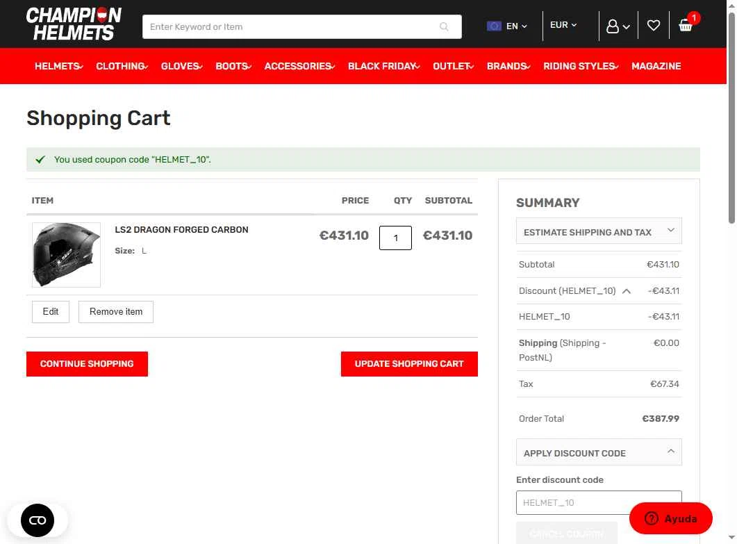Champion Helmets checkout page showing Champion Helmets discount code box | Screenshot taken by SimplyCodes community member on Dec 4, 2025