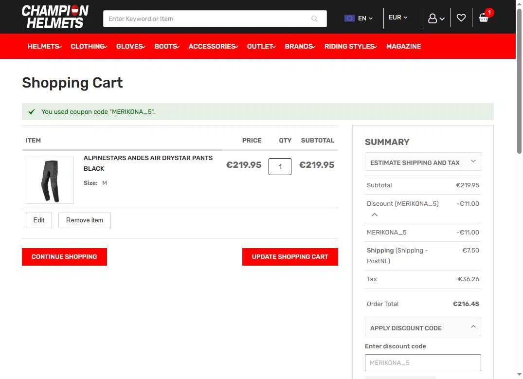 Champion Helmets checkout page showing Champion Helmets discount code box | Screenshot taken by SimplyCodes community member on Oct 24, 2025