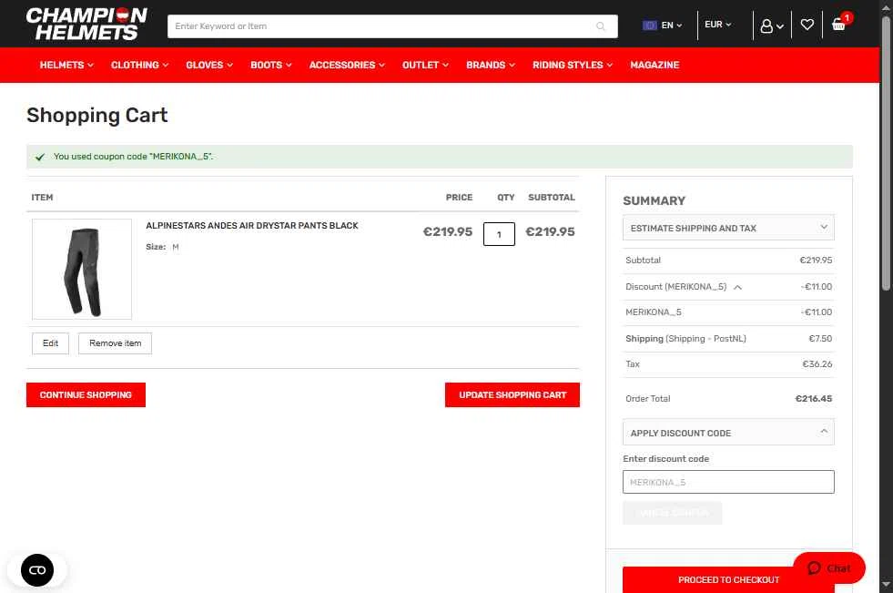 Champion Helmets checkout page showing Champion Helmets discount code box | Screenshot taken by SimplyCodes community member on Oct 15, 2025