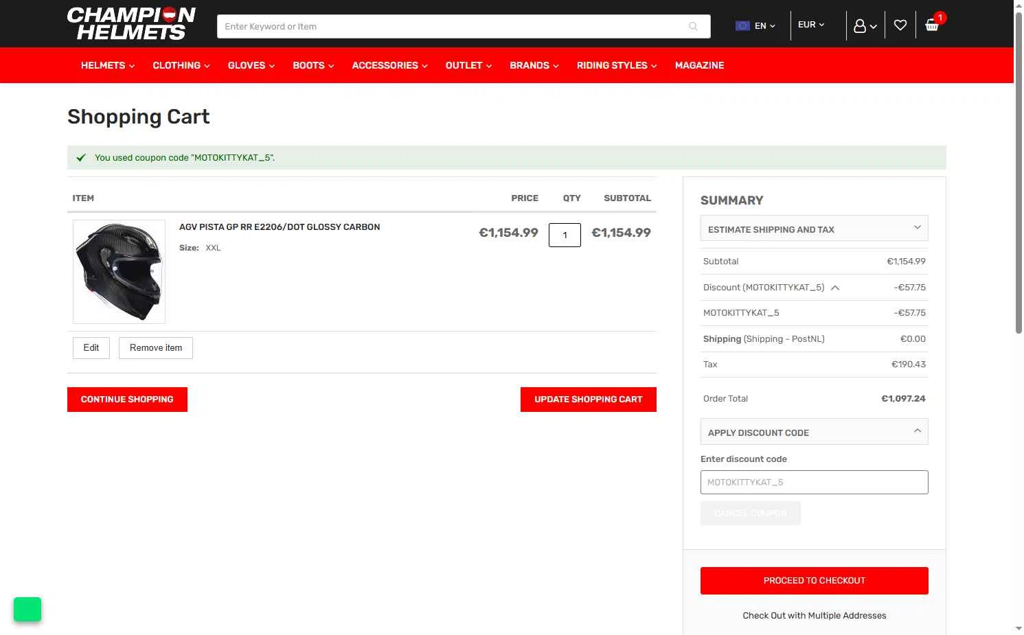 Champion Helmets checkout page showing Champion Helmets discount code box | Screenshot taken by SimplyCodes community member on Oct 6, 2025