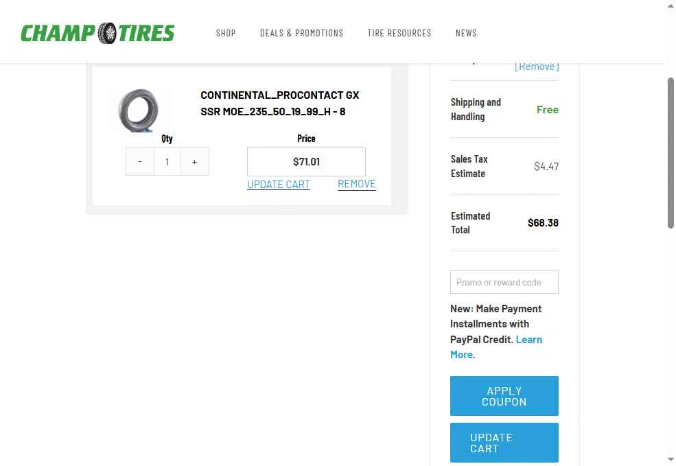 Champtires checkout page showing Champtires promo code box | Screenshot taken by SimplyCodes community member on Nov 15, 2025