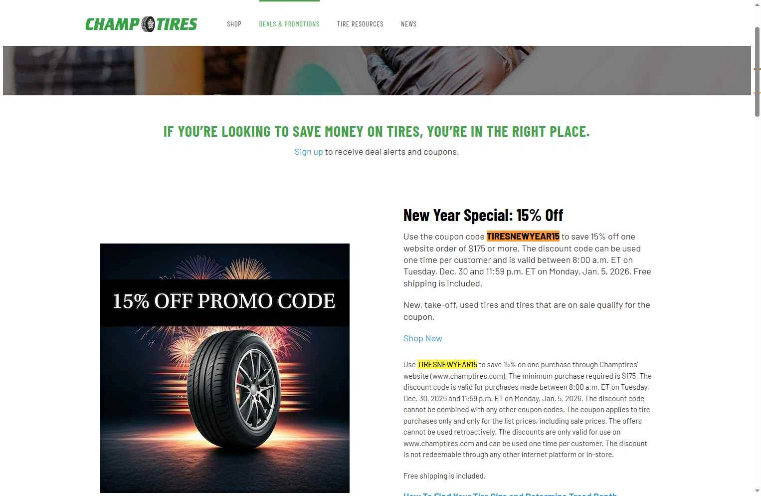 Champtires checkout page showing Champtires promo code box | Screenshot taken by SimplyCodes community member on Dec 30, 2025