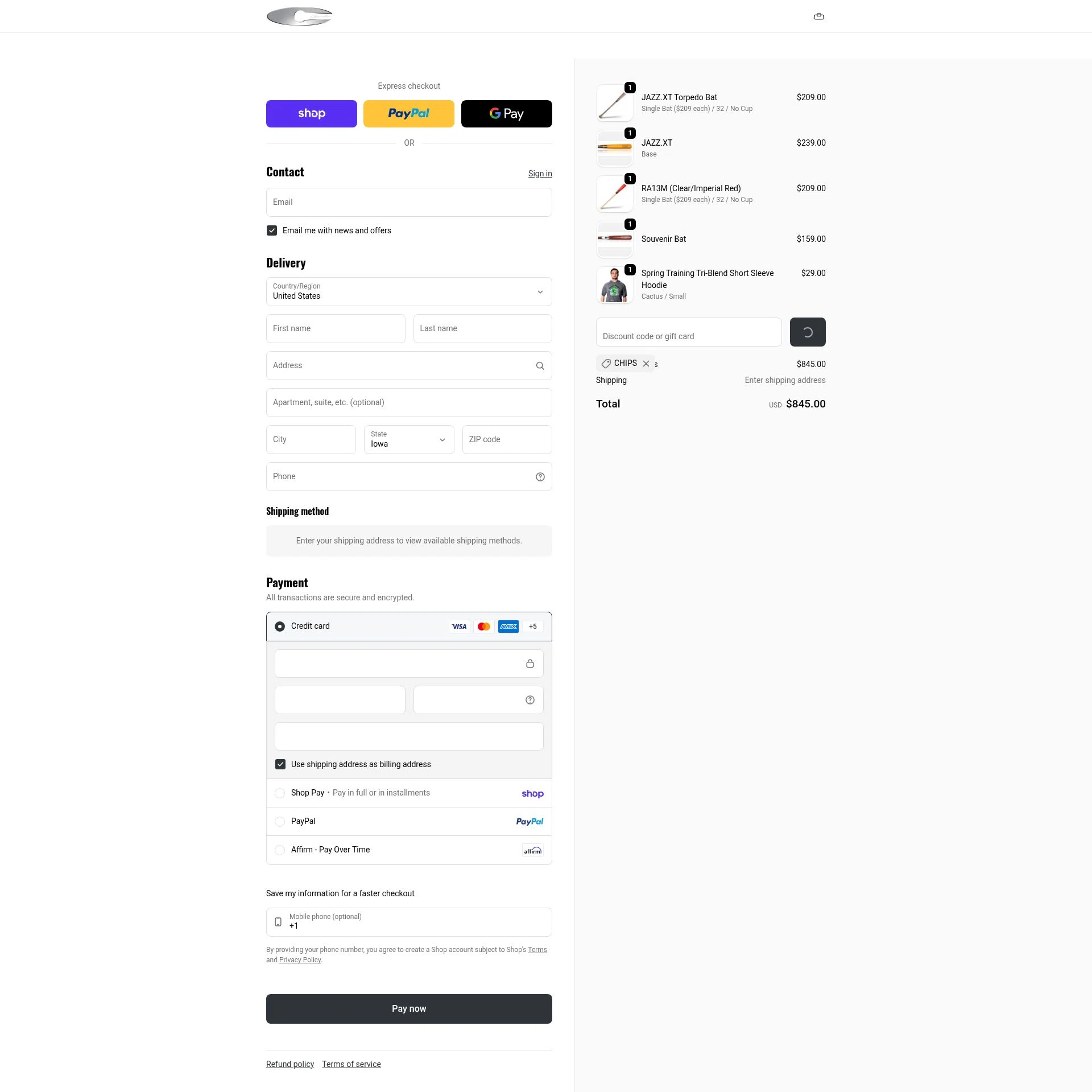 Chandler Bats checkout page showing Chandler Bats discount code box | Screenshot taken by SimplyCodes community member on Feb 7, 2026