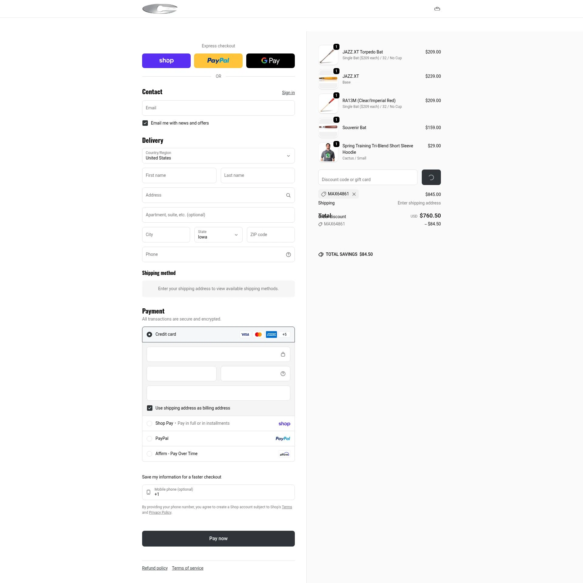 Chandler Bats checkout page showing Chandler Bats discount code box | Screenshot taken by SimplyCodes community member on Feb 7, 2026