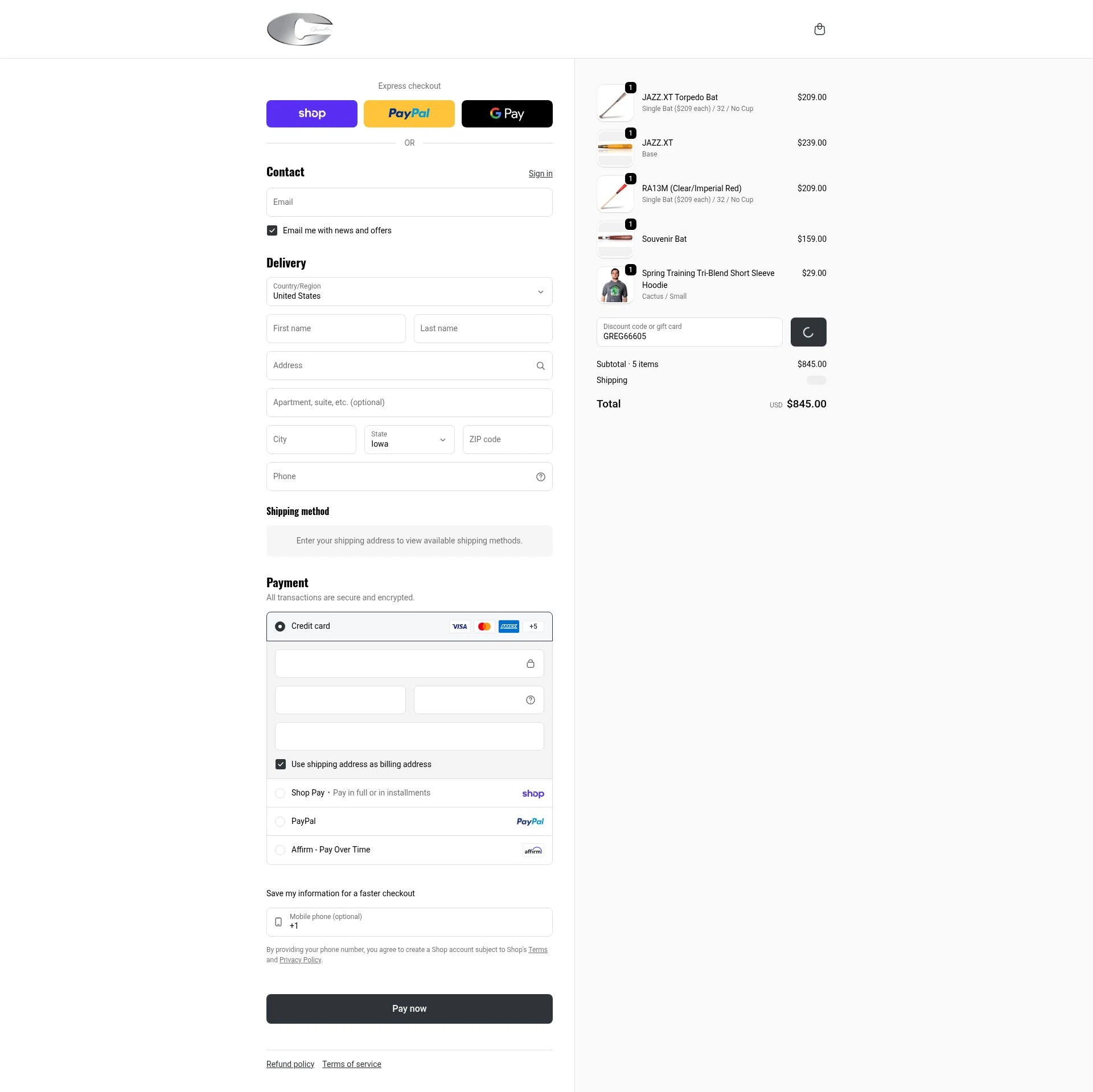 Chandler Bats checkout page showing Chandler Bats discount code box | Screenshot taken by SimplyCodes community member on Feb 7, 2026