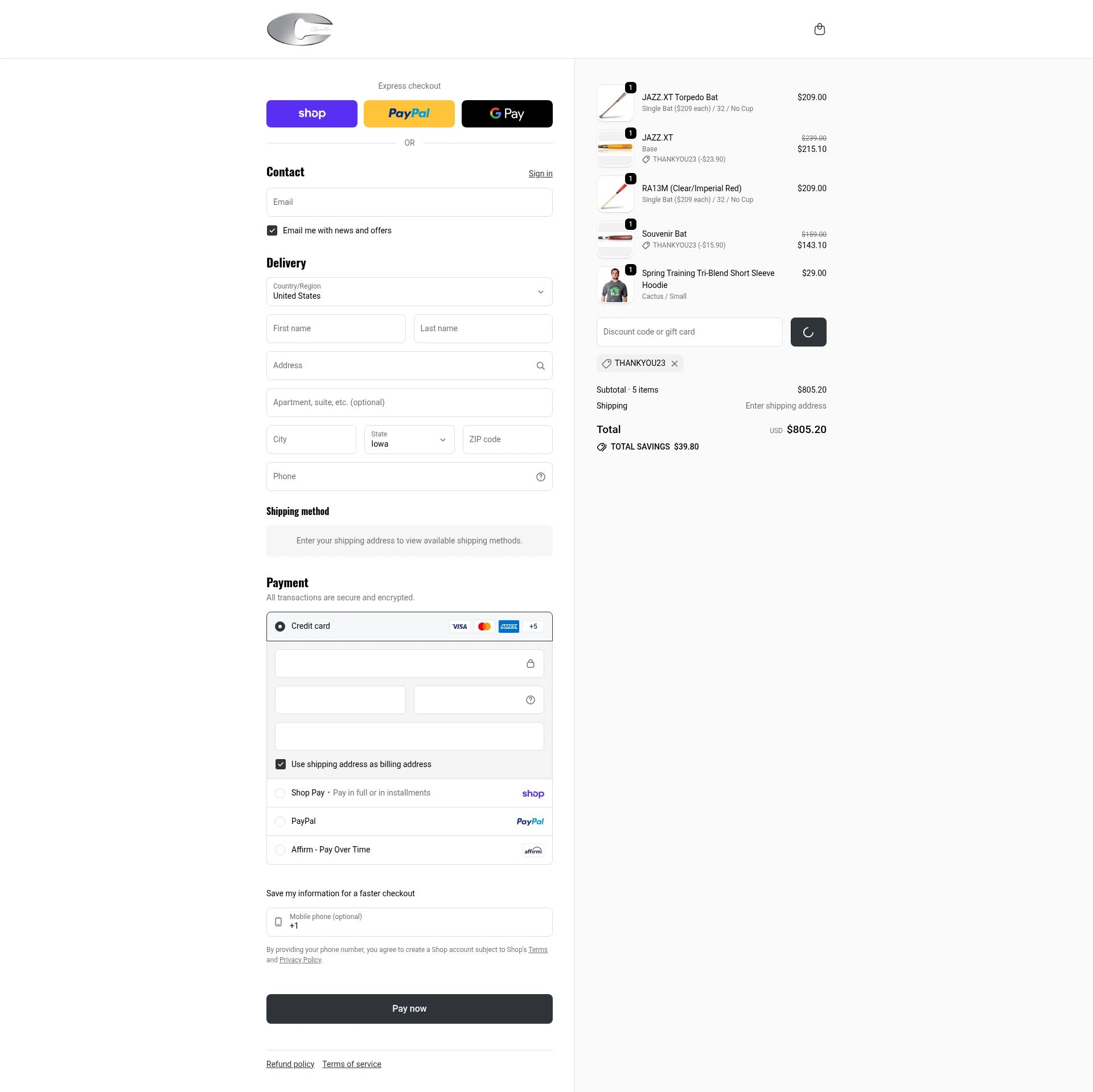 Chandler Bats checkout page showing Chandler Bats discount code box | Screenshot taken by SimplyCodes community member on Feb 7, 2026