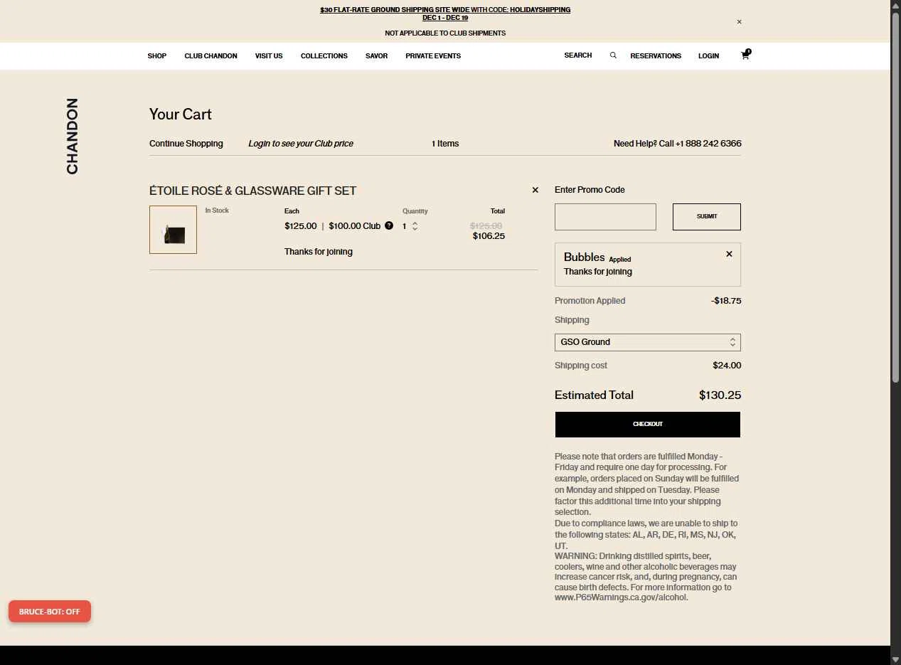 Chandon checkout page showing Chandon promo code box | Screenshot taken by SimplyCodes community member on Dec 18, 2025