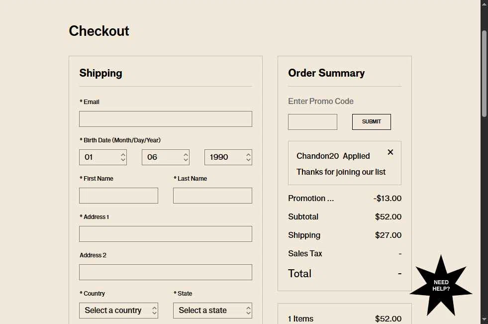 Chandon checkout page showing Chandon promo code box | Screenshot taken by SimplyCodes community member on Aug 10, 2025
