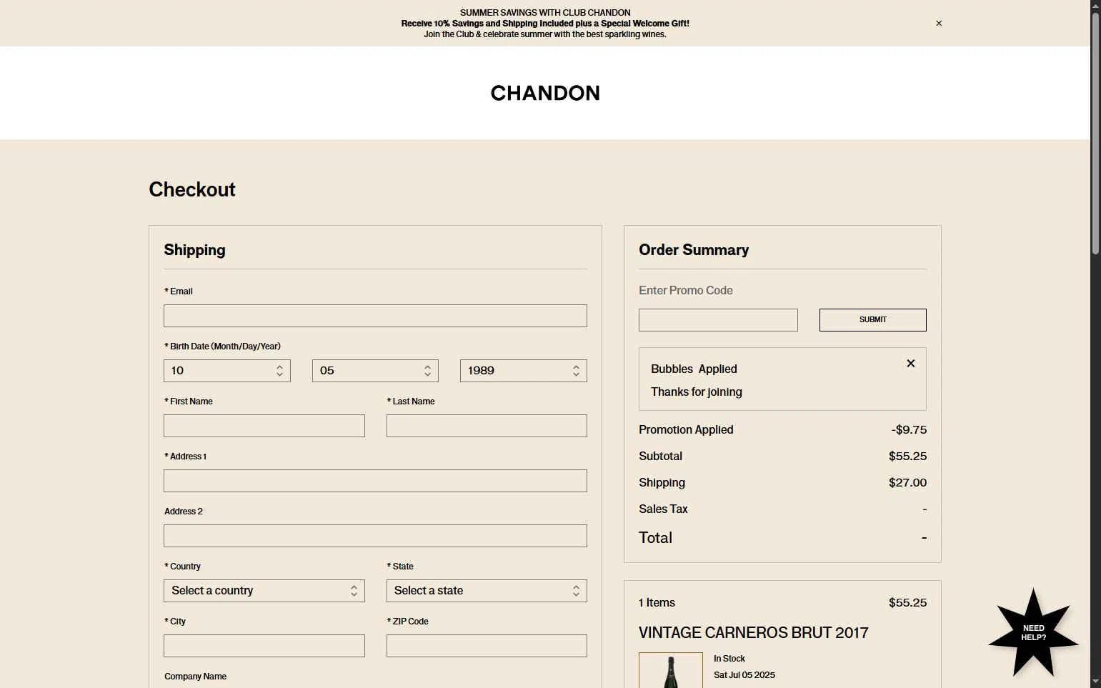 Chandon checkout page showing Chandon promo code box | Screenshot taken by SimplyCodes community member on Jul 5, 2025