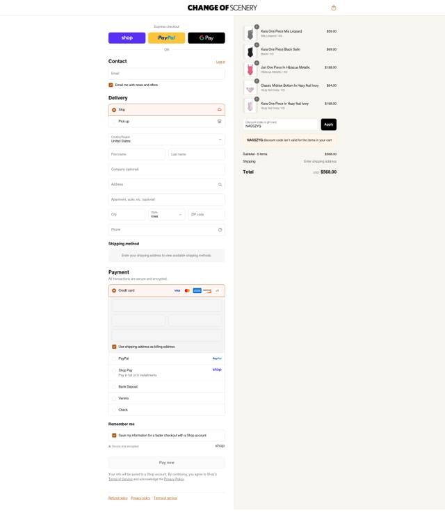 Change of Scenery checkout page showing Change of Scenery promo code box | Screenshot taken by SimplyCodes community member on Sep 7, 2025