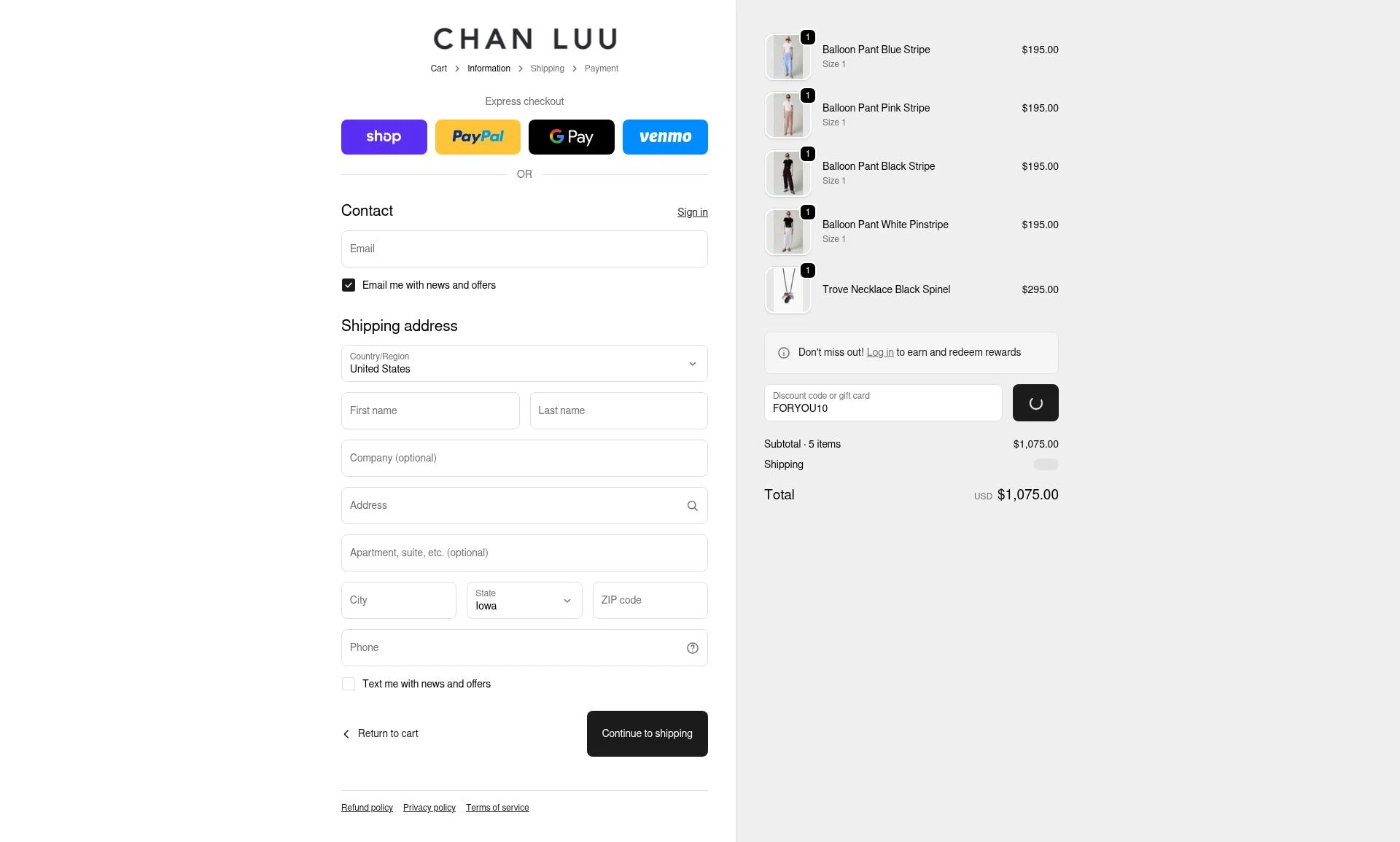 Chan Luu checkout page showing Chan Luu discount code box | Screenshot taken by SimplyCodes community member on Dec 17, 2025