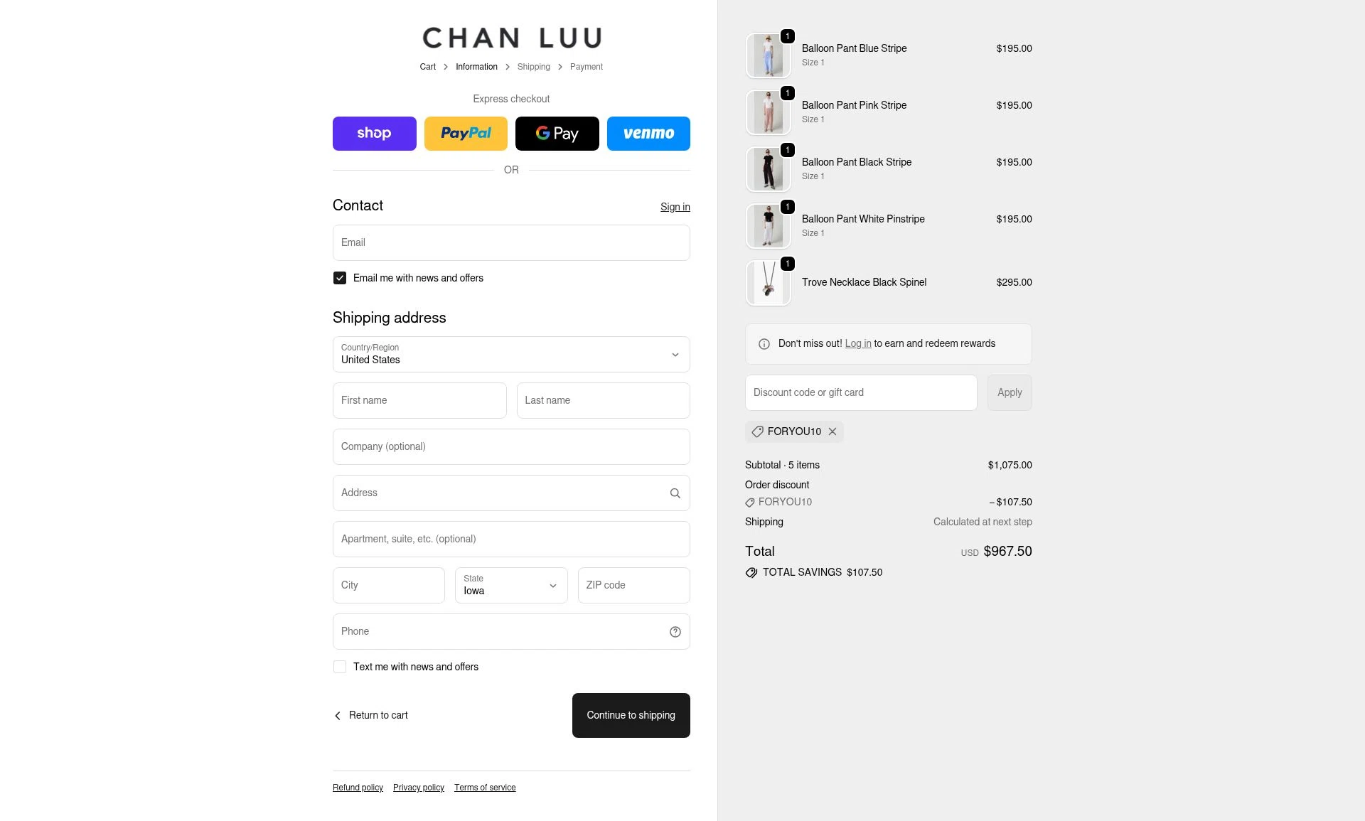 Chan Luu checkout page showing Chan Luu discount code box | Screenshot taken by SimplyCodes community member on Dec 11, 2025