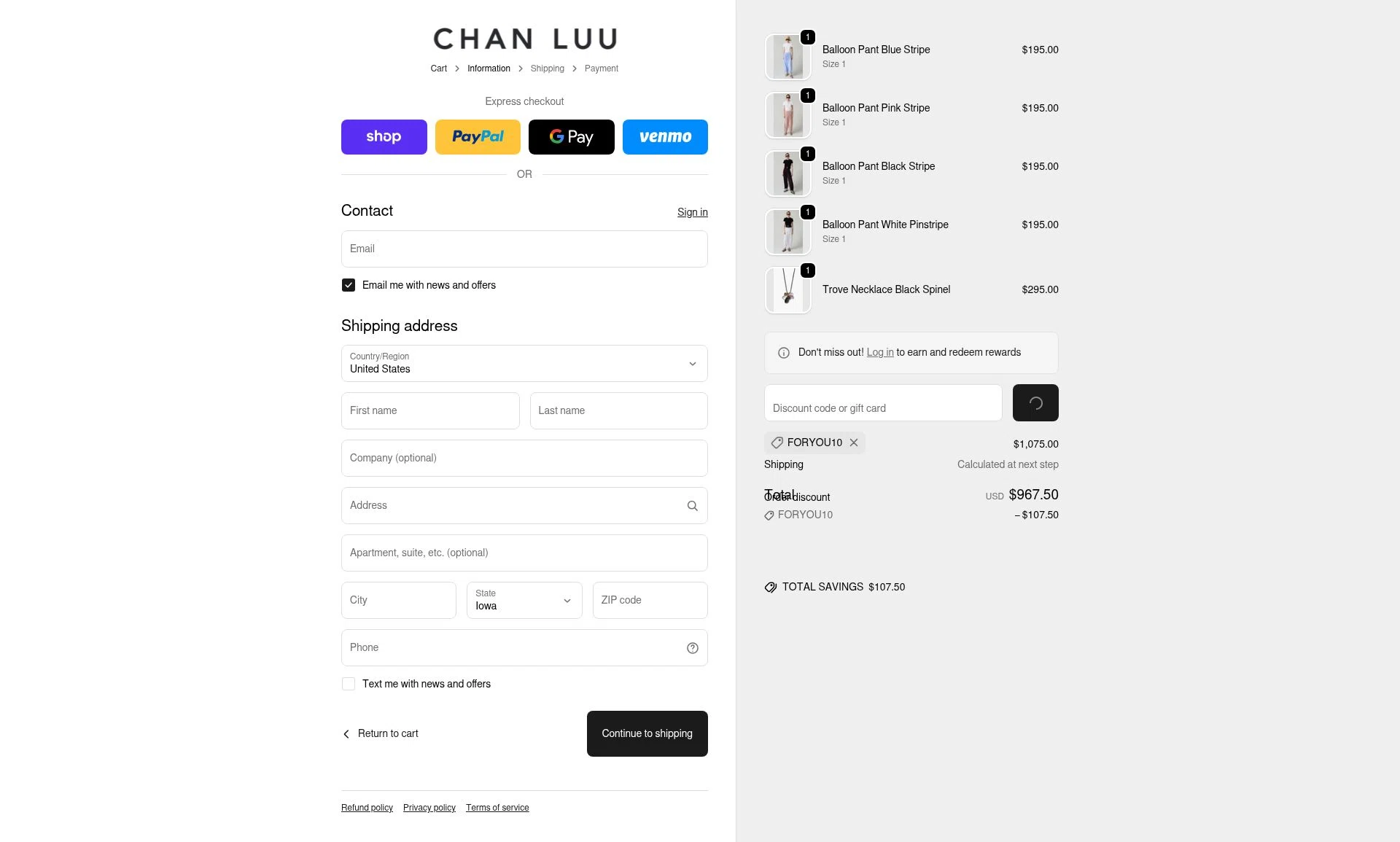 Chan Luu checkout page showing Chan Luu discount code box | Screenshot taken by SimplyCodes community member on Dec 29, 2025
