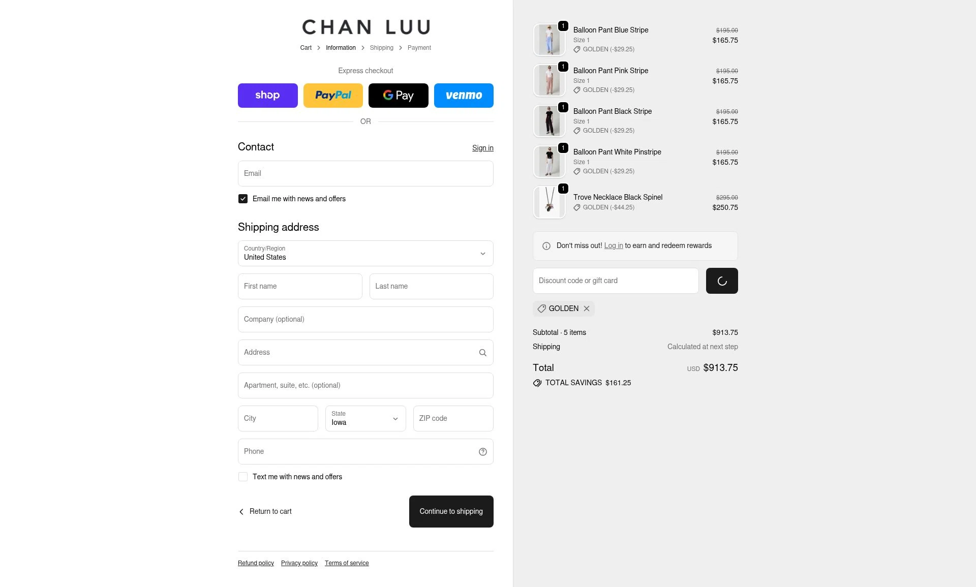 Chan Luu checkout page showing Chan Luu discount code box | Screenshot taken by SimplyCodes community member on Dec 24, 2025