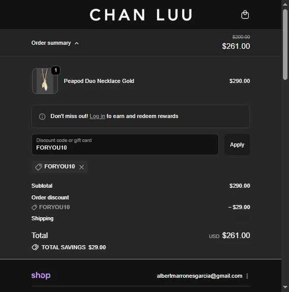 Chan Luu checkout page showing Chan Luu discount code box | Screenshot taken by SimplyCodes community member on Dec 6, 2025