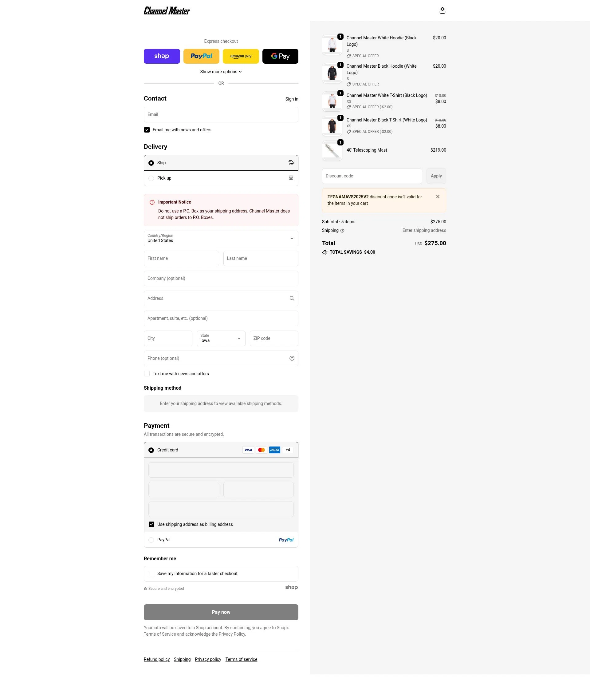 Channel Master checkout page showing Channel Master promo code box | Screenshot taken by SimplyCodes community member on Jan 30, 2026