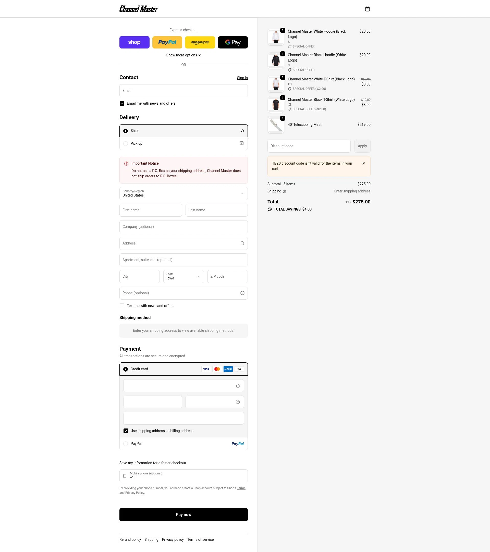Channel Master checkout page showing Channel Master promo code box | Screenshot taken by SimplyCodes community member on Feb 3, 2026
