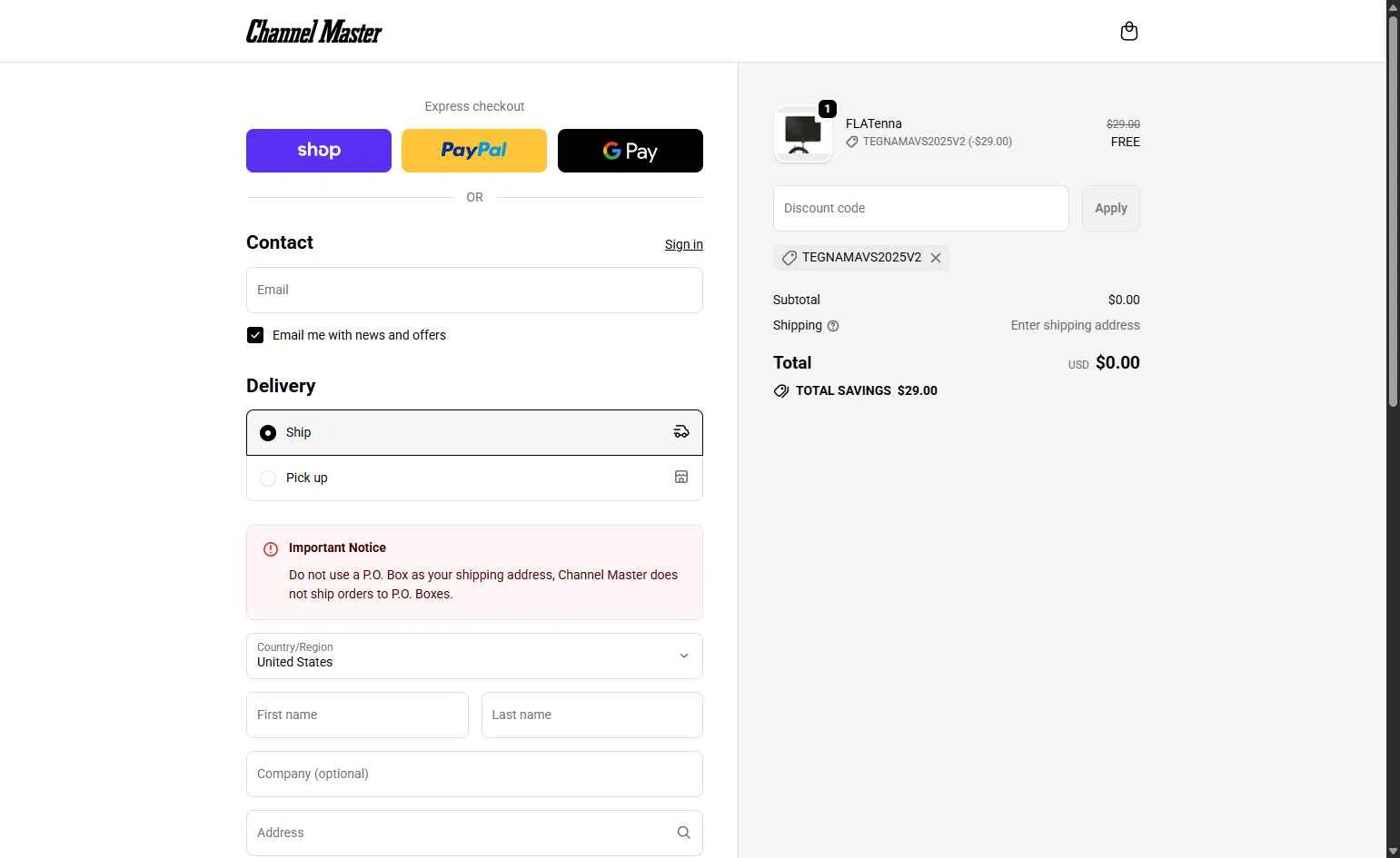 Channel Master checkout page showing Channel Master promo code box | Screenshot taken by SimplyCodes community member on Feb 11, 2026