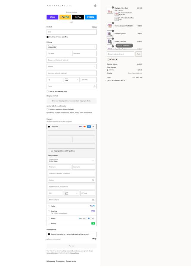 Chantecaille checkout page showing Chantecaille promo code box | Screenshot taken by SimplyCodes community member on Sep 13, 2025